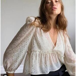 Aritzia Sunday Best Jinx Sheer Cropped Babydoll Puff Sleeve Peplum Top